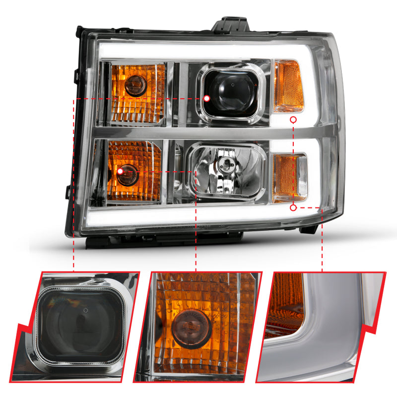 ANZO 2007-2013 GMC Sierra 1500 Projector Headlight Plank Style Chrome w/ Clear Lens Amber - Burkken Auto Parts