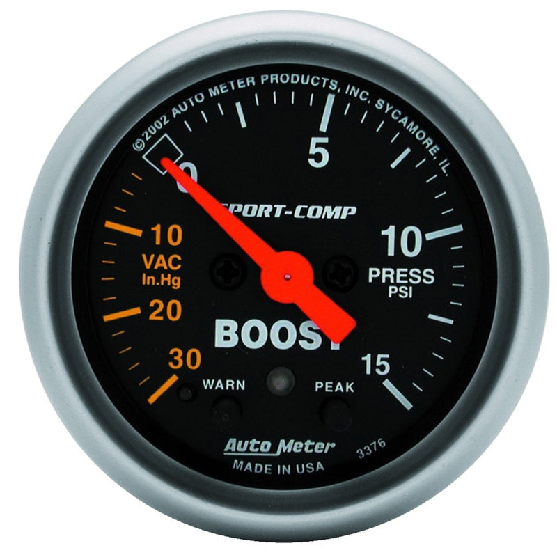 Autometer Sport-Comp 52mm Electronic  Full Sweep 30 In Hg.-Vac./15 PSI Boost Gauge - Burkken Auto Parts