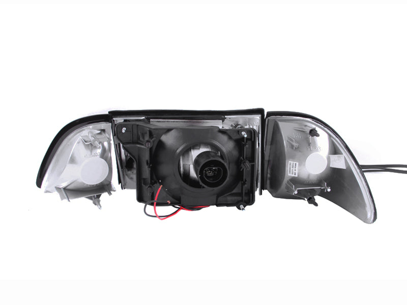 ANZO 1987-1993 Ford Mustang Crystal Headlights Black w/ Corner Lights 3pc - Burkken Auto Parts