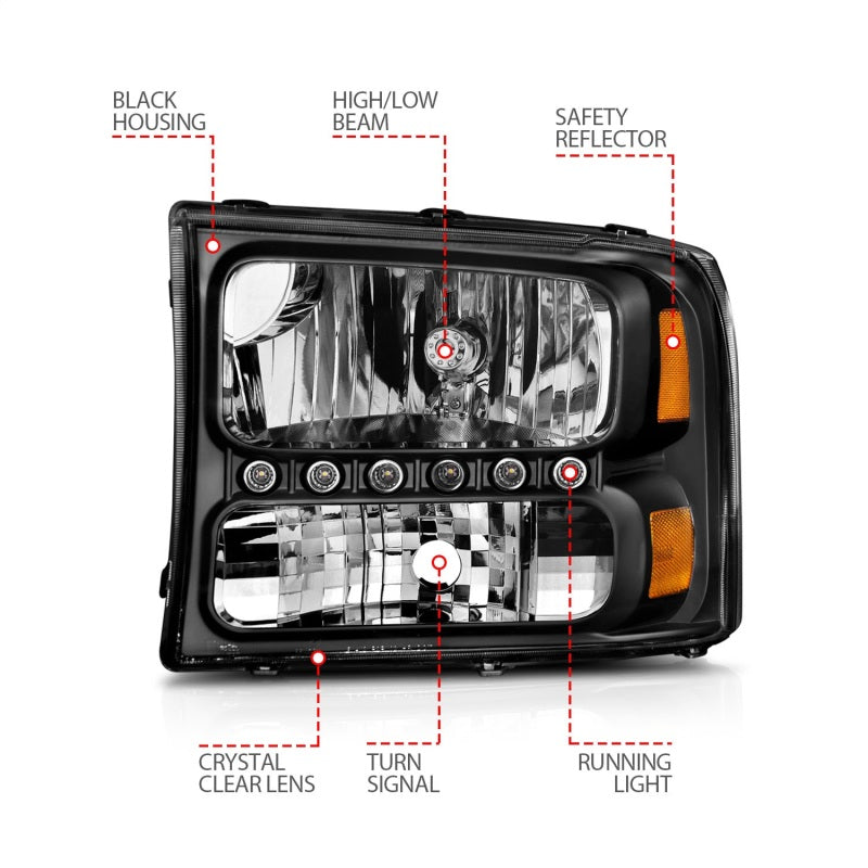ANZO 2000-2004 Ford Excursion Crystal Headlights Black w/ LED 1pc - Burkken Auto Parts