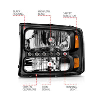 ANZO 2000-2004 Ford Excursion Crystal Headlights Black w/ LED 1pc - Burkken Auto Parts