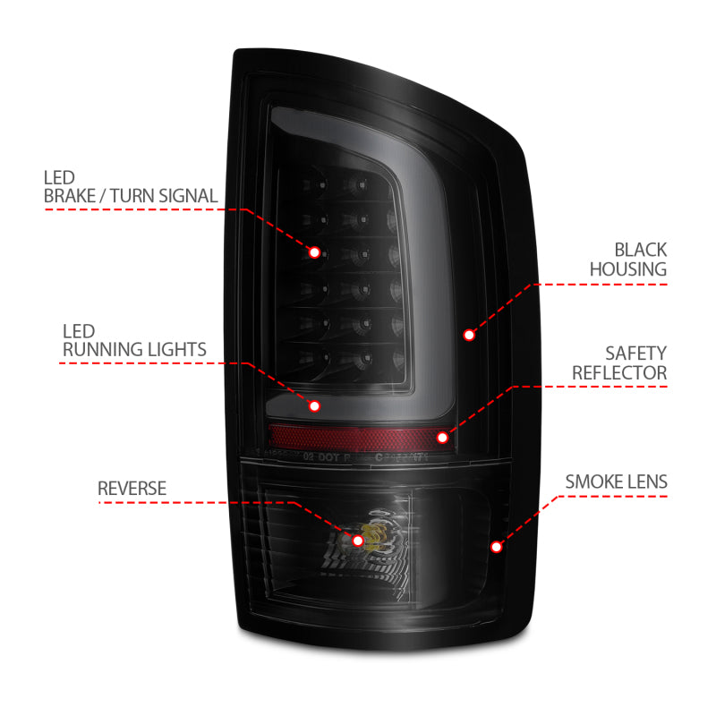 ANZO 2002-2006 Dodge  Ram 1500 LED Tail Lights w/ Light Bar Black Housing Smoke Lens - Burkken Auto Parts