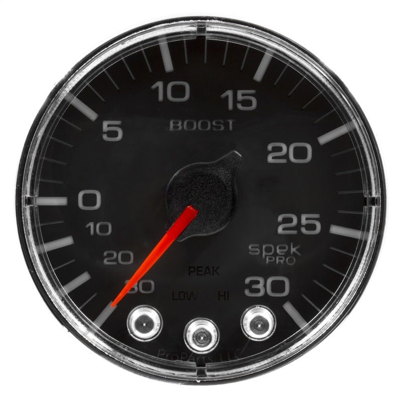 Autometer Spek-Pro Gauge Vac/Boost 2 1/16in 30Inhg-30psi Stepper Motor W/Peak & Warn Black/Chrome - Burkken Auto Parts