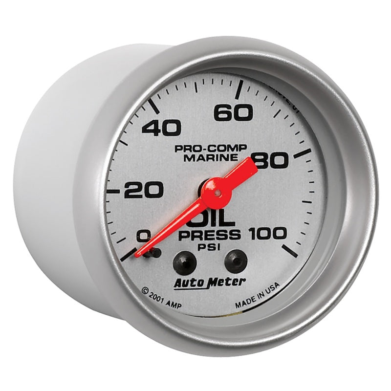 Autometer Marine Silver Oil Pressure 2 1/16in 100 psi Mechanical Gauge - Burkken Auto Parts