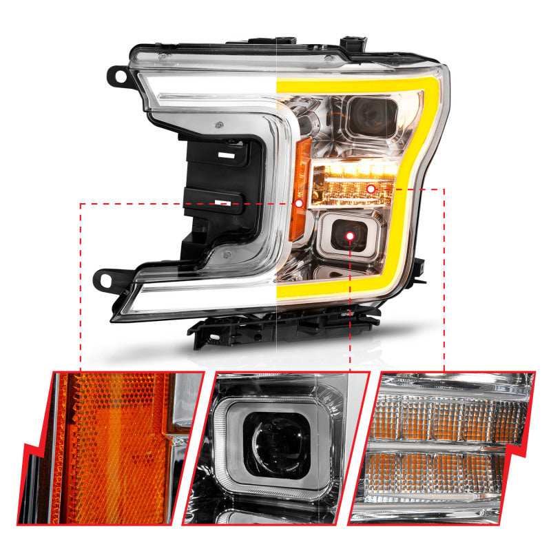 ANZO 18-20 Ford F-150 (w/o Fctry LED) Full LED Proj Headlights w/Light Bar Swtchbk Seq. Chrome w/Int - Burkken Auto Parts