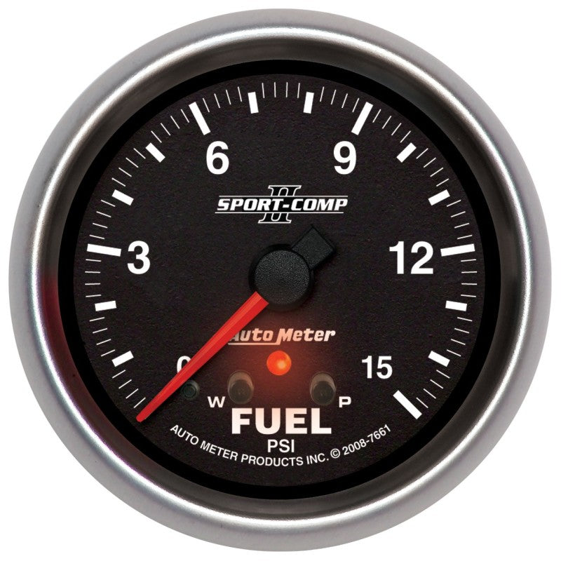 Autometer Sport-Comp II Fuel Pressure Gauge 2 5/8in 15PSI Stepper Motor w/ Peak & Warn - Burkken Auto Parts