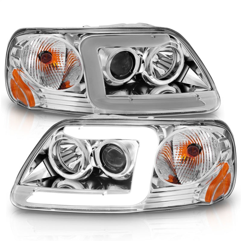 ANZO 1997-2003 Ford F-150 Projector Headlights w/ Light Bar Chrome Housing - Burkken Auto Parts