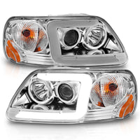 ANZO 1997-2003 Ford F-150 Projector Headlights w/ Light Bar Chrome Housing - Burkken Auto Parts