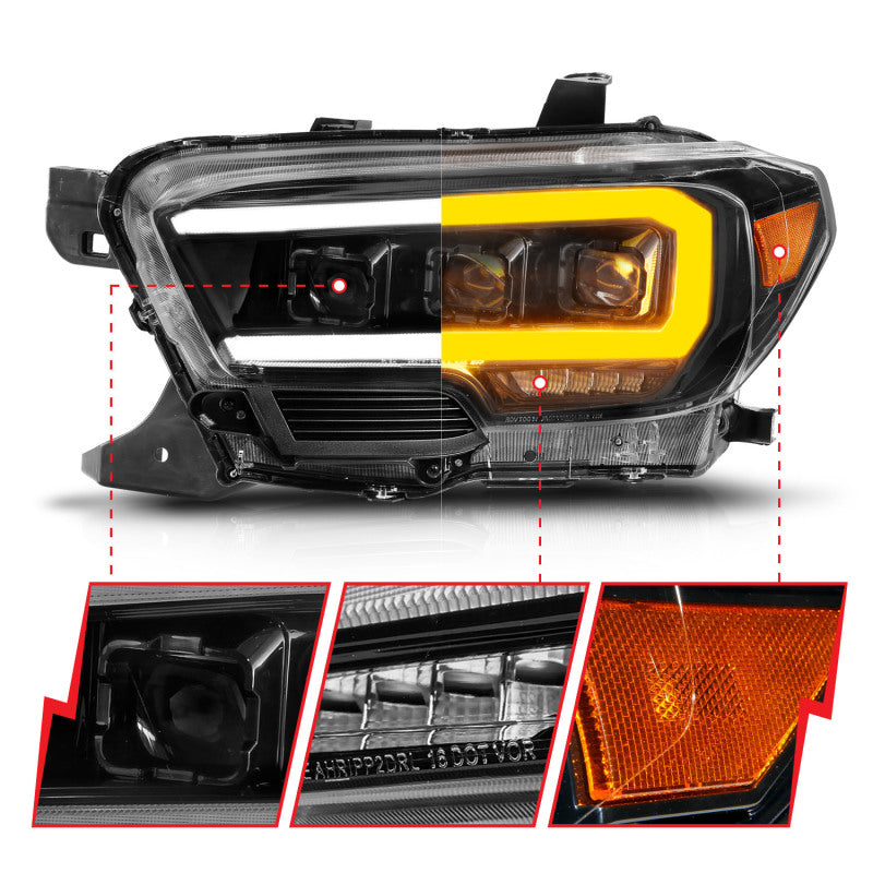 ANZO 16-22 Toyota Tacoma LED Projector Headlights w/ Light Bar Sequential Black Housing w/Initiation - Burkken Auto Parts