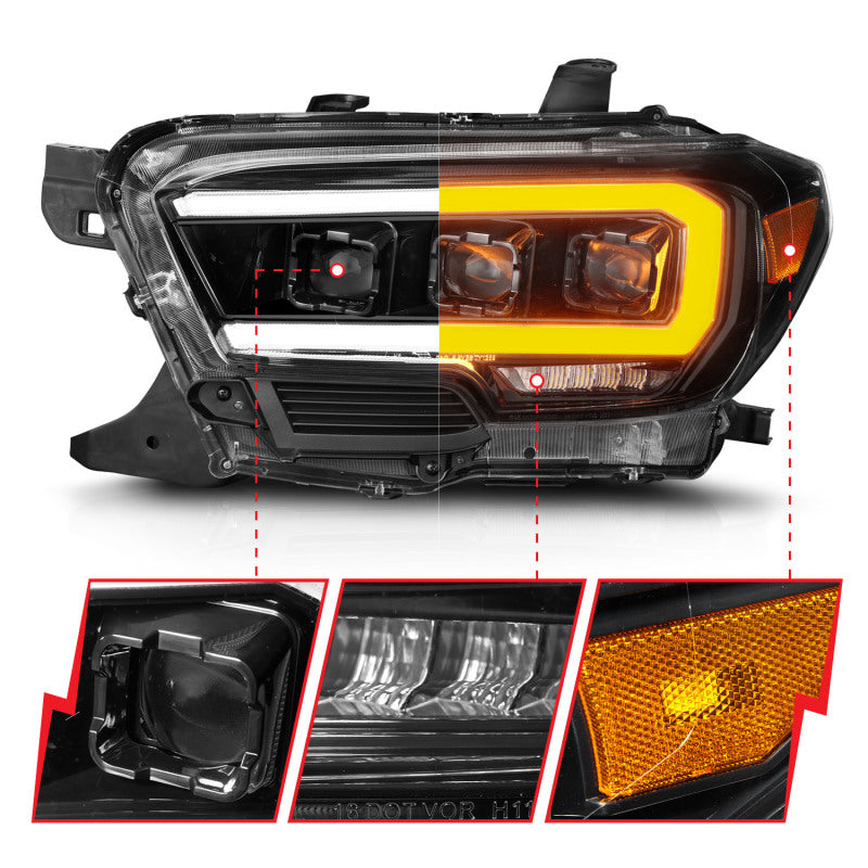 ANZO 16-22 Toyota Tacoma SR/SR5 ONLY Full LED Proj Headlights w/Light Bar Seq. Blk w/Initiation Lgt - Burkken Auto Parts