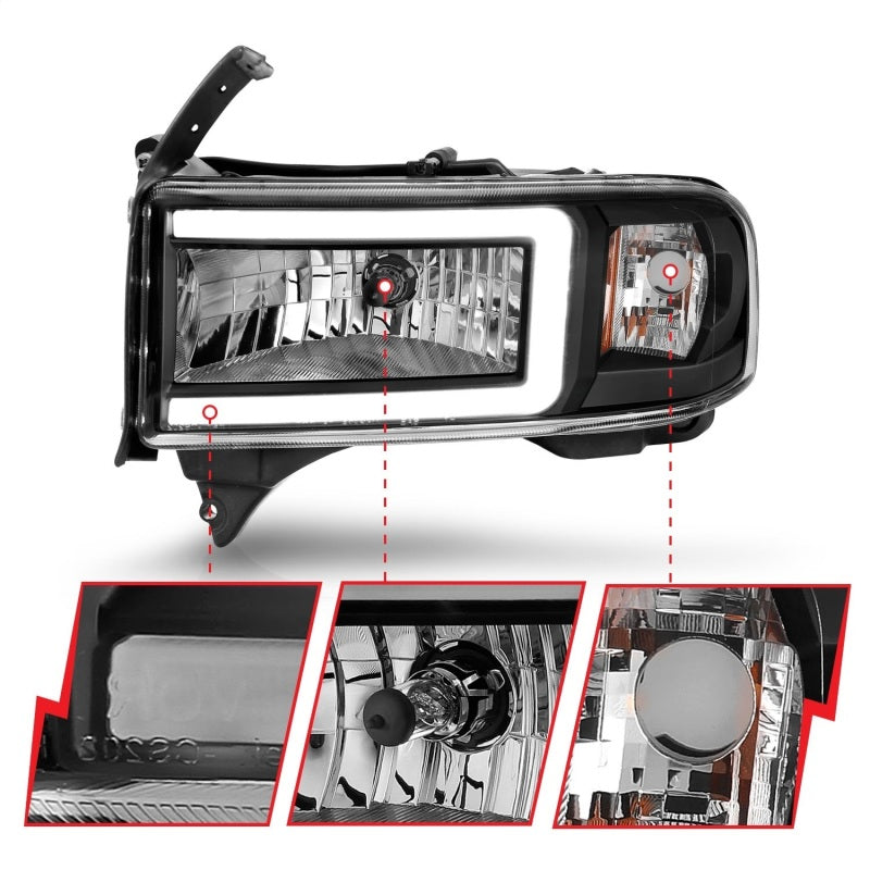 ANZO 94-02 Dodge RAM Crystal Headlight - w/ Light Bar Black Housing - Burkken Auto Parts
