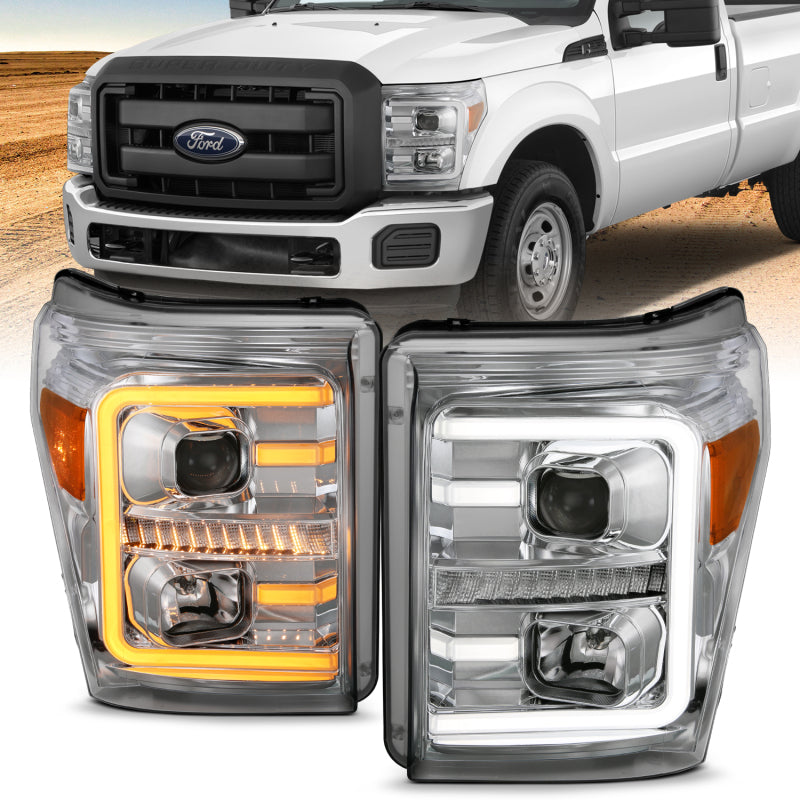 ANZO 11-16 Ford F-250/F-350/F-450 Projector Headlights w/ Plank Style Switchback Chrome w/Amber - Burkken Auto Parts