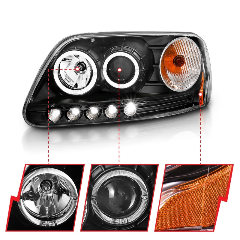 ANZO 1997.5-2003 Ford F-150 Projector Headlights w/ Halo and LED Black 1pc - Burkken Auto Parts