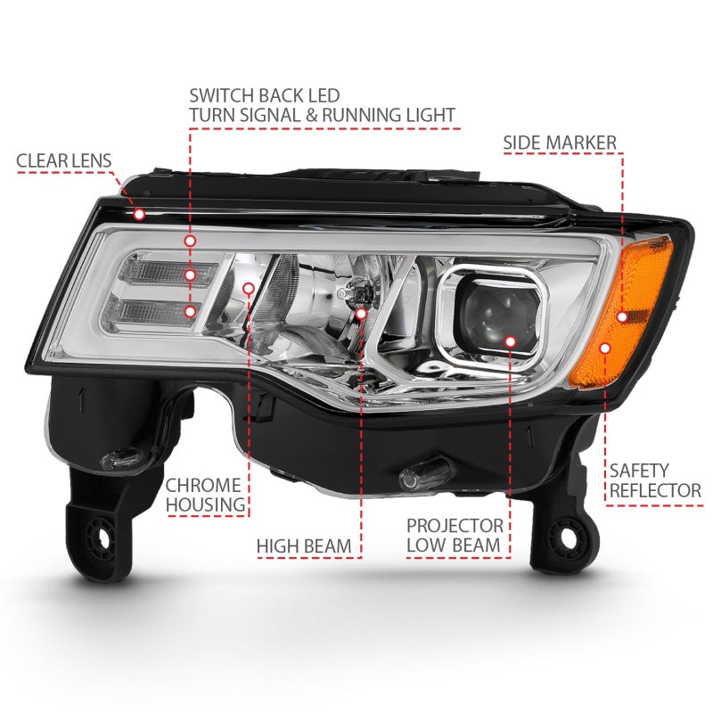 ANZO 2017-2018 Jeep Grand Cherokee Projector Headlights w/ Plank Style Switchback - Chrome w/ Amber - Burkken Auto Parts