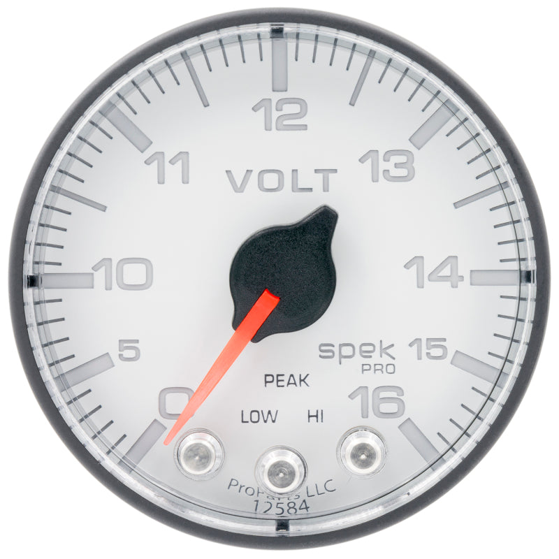 Autometer Spek-Pro Gauge Voltmeter 2 1/16in 16V Stepper Motor W/Peak & Warn Wht/Blk - Burkken Auto Parts