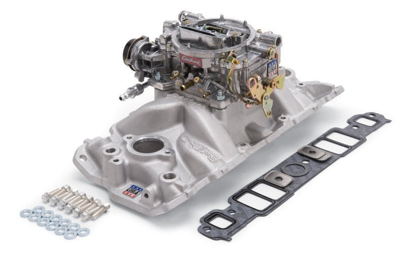 Edelbrock Manifold And Carb Kit Performer Eps Small Block Chevrolet 1957-1986 Natural Finish - Burkken Auto Parts