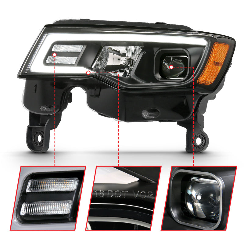 ANZO 2017-2018 Jeep Grand Cherokee Projector Headlights w/ Plank Style Switchback - Black w/ Amber - Burkken Auto Parts