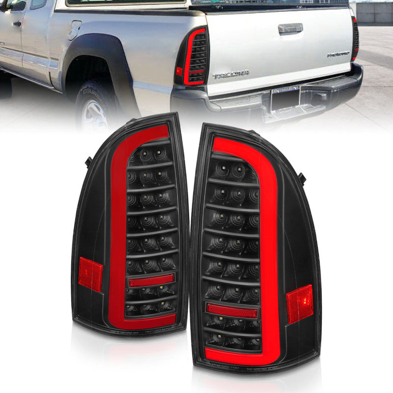ANZO 05-15 Toyota Tacoma Full LED Tail Lights w/Light Bar Sequential Black Housing Clear Lens - Burkken Auto Parts