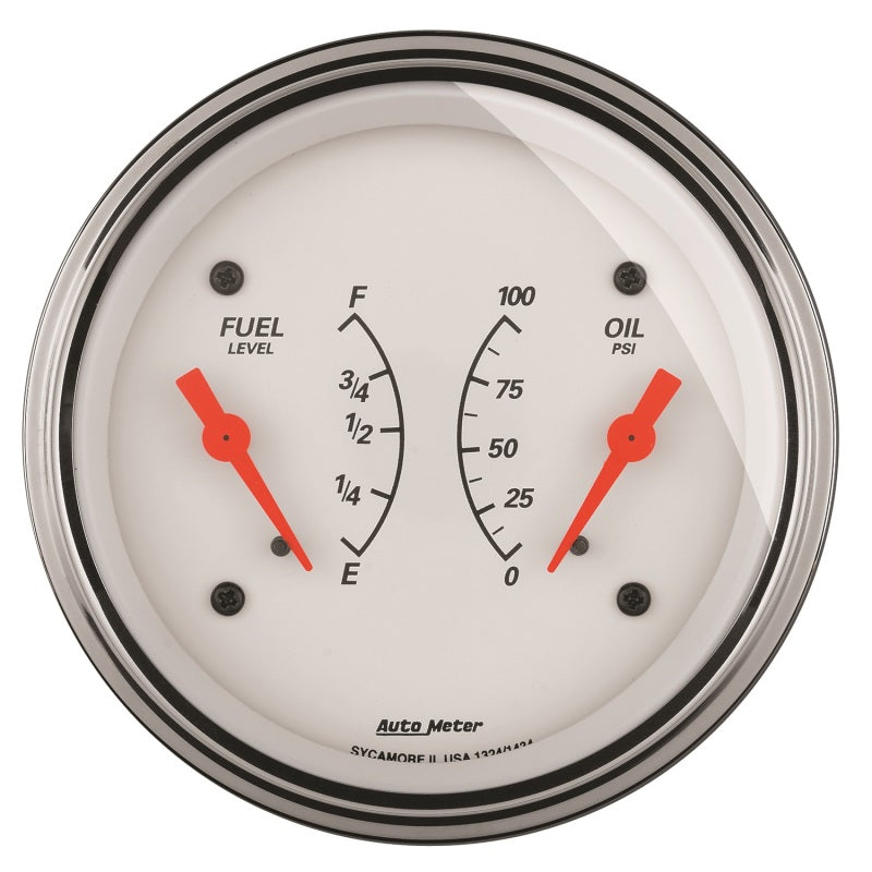 AutoMeter Gauge Dual Fuel & Oilp 3-3/8in. 240 Ohm(e) to 33 Ohm(f) & 100PSI Elec Arctic White - Burkken Auto Parts