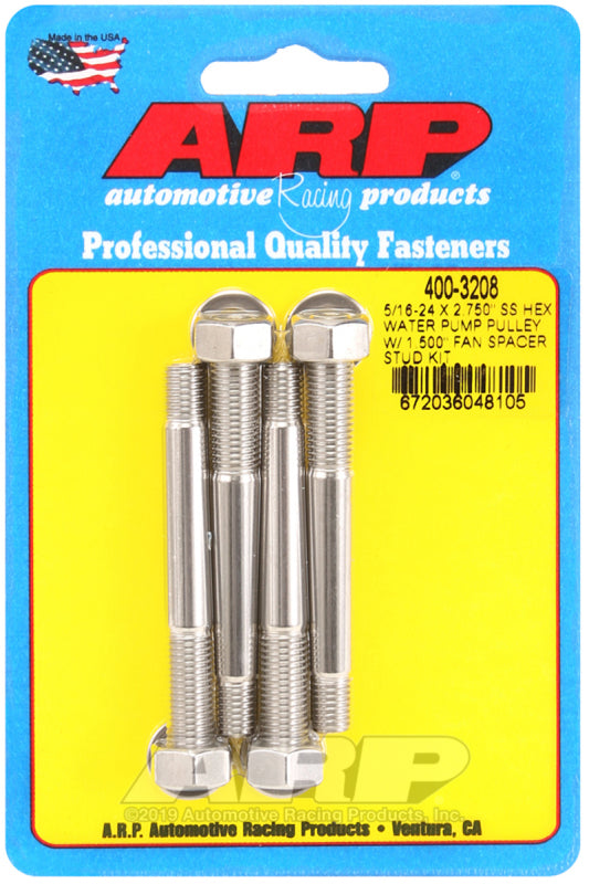 ARP 5/16-24 X 2.750 SS Hex Water Pump Pulley w/ 1.500in Fan Spacer Stud Kit - Burkken Auto Parts