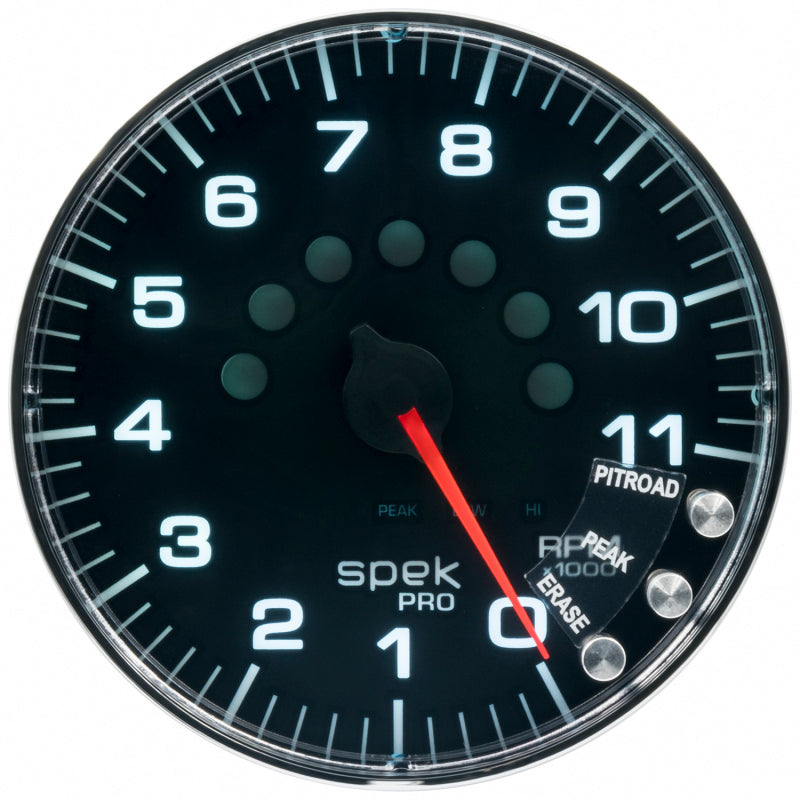 Autometer Spek-Pro Gauge Tachometer 5in 11K Rpm W/Shift Light & Peak Mem Black/Chrome - Burkken Auto Parts