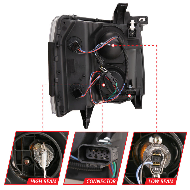 ANZO 07-13 Chevrolet Silverado 1500 Plank Style Projector Headlights Black w/ Amber - Burkken Auto Parts