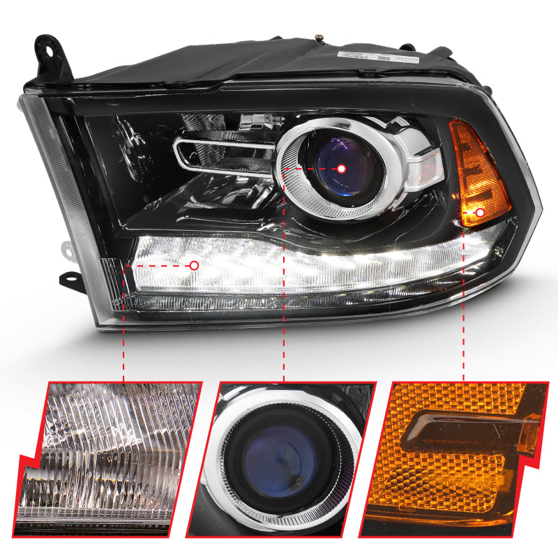 ANZO 2009-2018 Dodge Ram 1500 Projector Plank Style Switchback H.L Halo Black Amber (OE Style) - Burkken Auto Parts