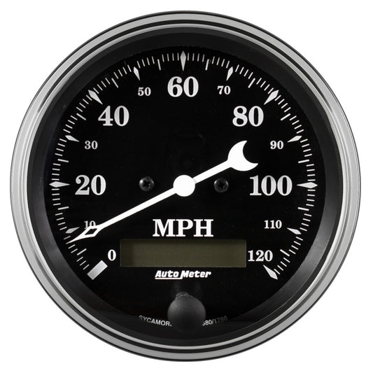 Auto Meter Gauge Speedo. 3 3/8in 120mph Elec. Prog. w/ LCD Odo Old Tyme Black - Burkken Auto Parts