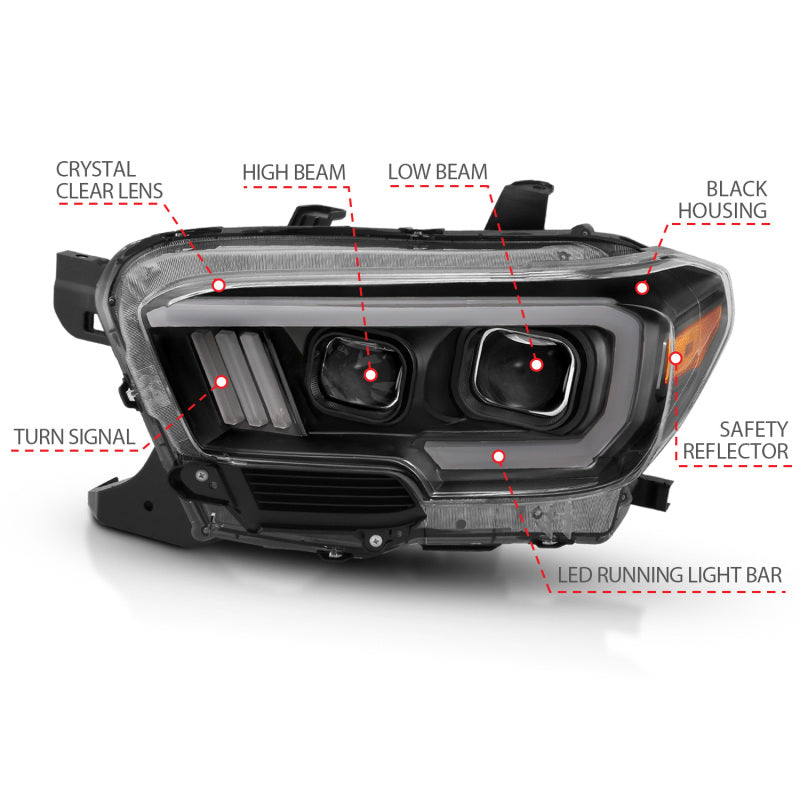 ANZO 2016-2017 Toyota Tacoma Projector Headlights w/ Plank Style Design Black/Amber w/ DRL - Burkken Auto Parts