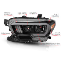 ANZO 2016-2017 Toyota Tacoma Projector Headlights w/ Plank Style Design Black/Amber w/ DRL - Burkken Auto Parts