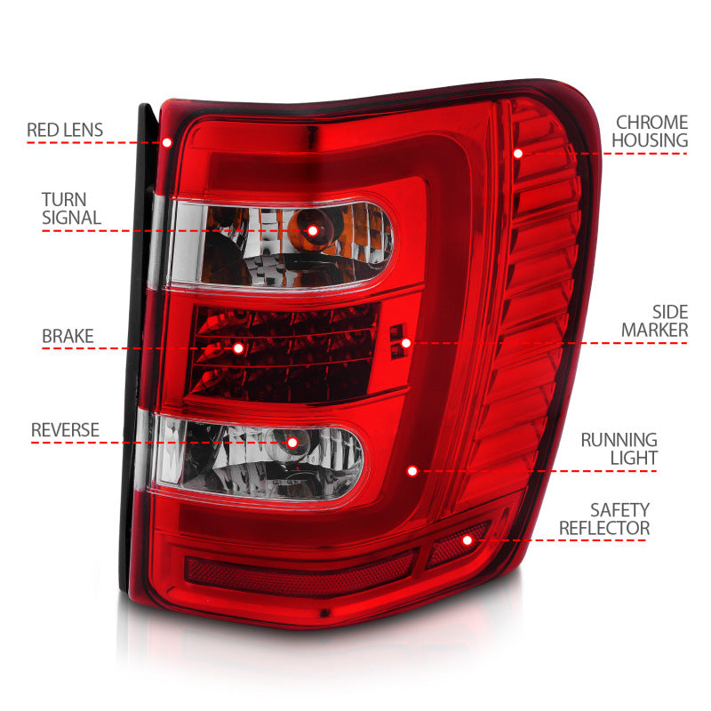 ANZO 1999-2004 Jeep Grand Cherokee LED Tail Lights w/ Light Bar Chrome Housing Red/Clear Lens - Burkken Auto Parts