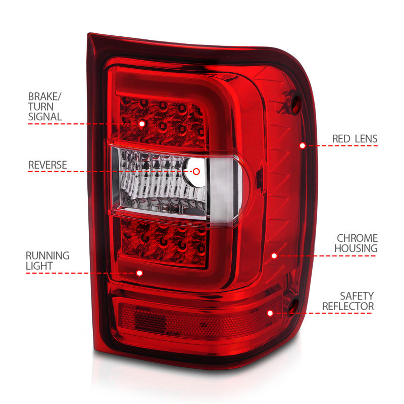 ANZO 2001-2011 Ford  Ranger LED Tail Lights w/ Light Bar Chrome Housing Red/Clear Lens - Burkken Auto Parts