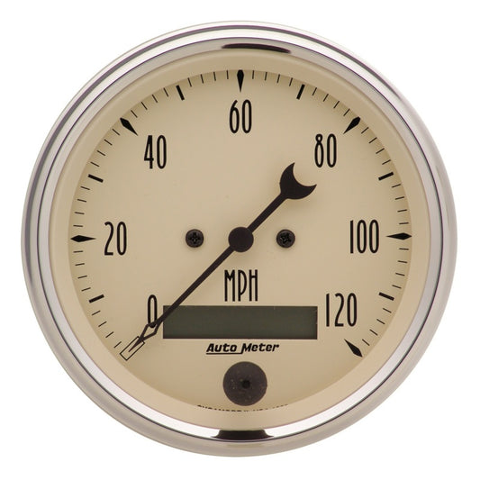 AutoMeter Gauge Speedo. 3-3/8in. 120MPH Elec. Prog. W/ Lcd Odo Antq Beige - Burkken Auto Parts