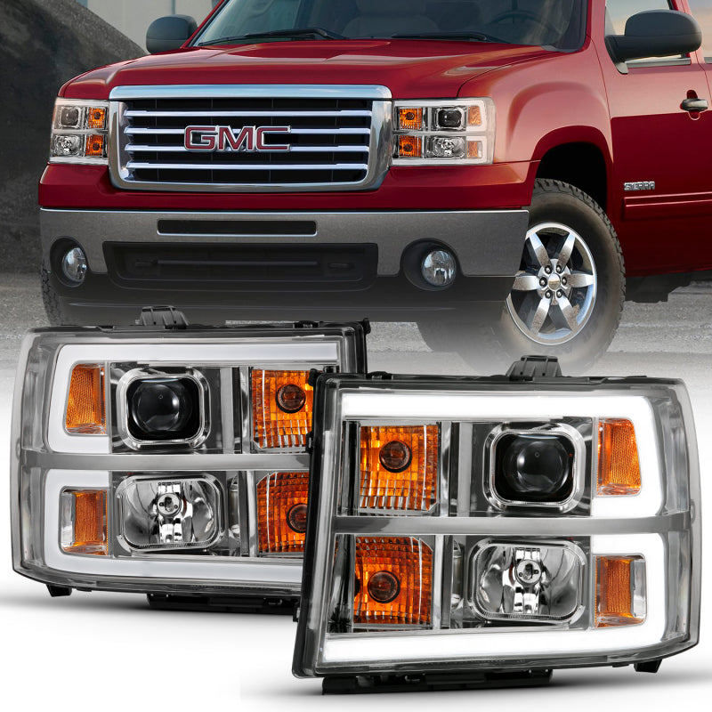ANZO 2007-2013 GMC Sierra 1500 Projector Headlight Plank Style Chrome w/ Clear Lens Amber - Burkken Auto Parts