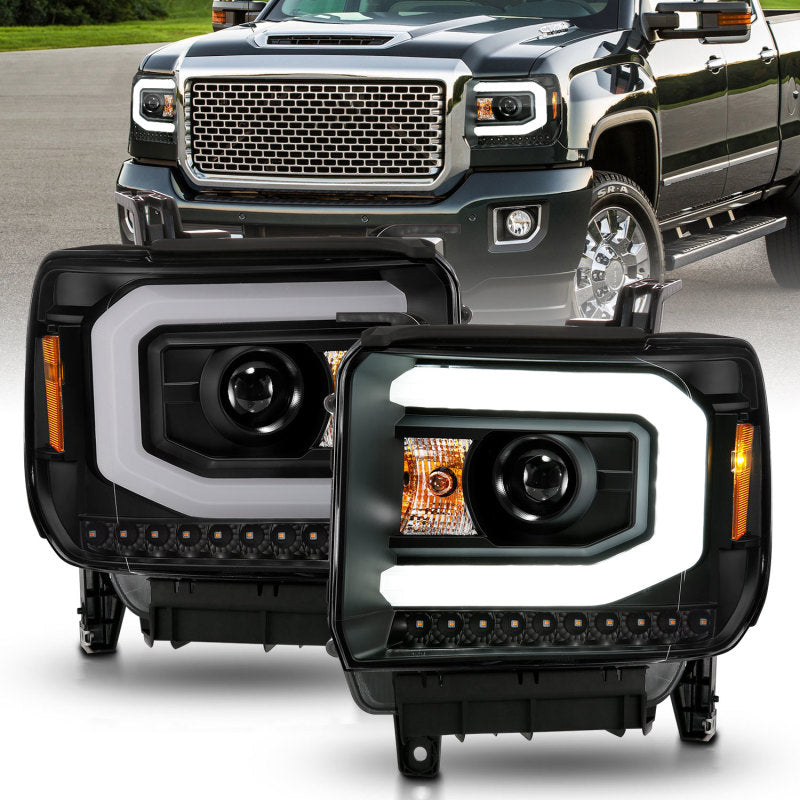 ANZO 2014-2015 GMC Sierra 1500 Projector Headlights w/ Light Bar Black Housing (Halogen Type) - Burkken Auto Parts