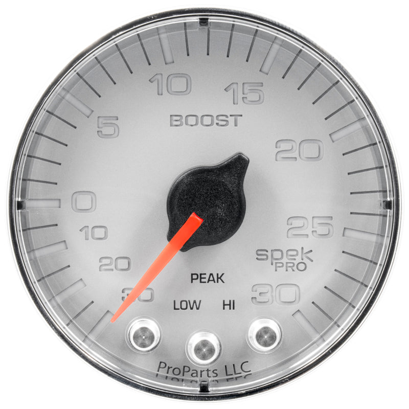 Autometer Spek-Pro Gauge Vac/Boost 2 1/16in 30Inhg-30psi Stepper Motor W/Peak & WarnSilver/Chrome - Burkken Auto Parts
