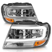 ANZO 1999-2004 Jeep Grand Cherokee Crystal Headlights w/ Light Bar Chrome Housing - Burkken Auto Parts