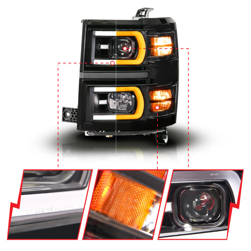 ANZO 14-15 Chevy Silverado 1500 Black Dual Switchback+Sequential LED Tube Sq. Projector Headlights - Burkken Auto Parts