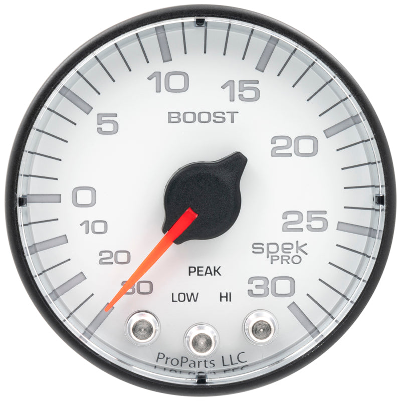 Autometer Spek-Pro Gauge Vac/Boost 2 1/16in 30Inhg-30psi Stepper Motor W/Peak & Warn White/Black - Burkken Auto Parts