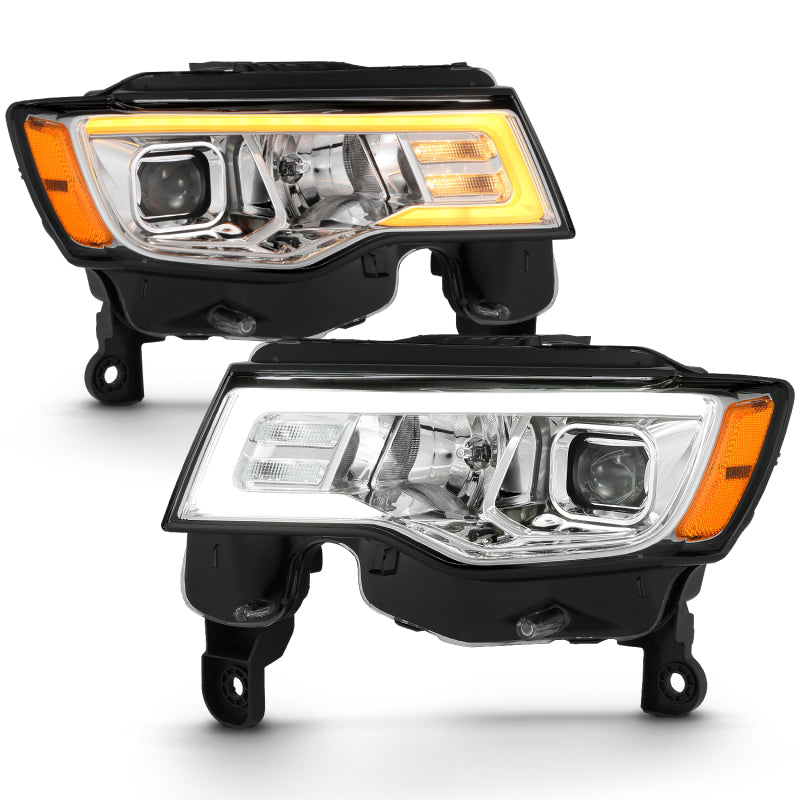 ANZO 2017-2018 Jeep Grand Cherokee Projector Headlights w/ Plank Style Switchback - Chrome w/ Amber - Burkken Auto Parts