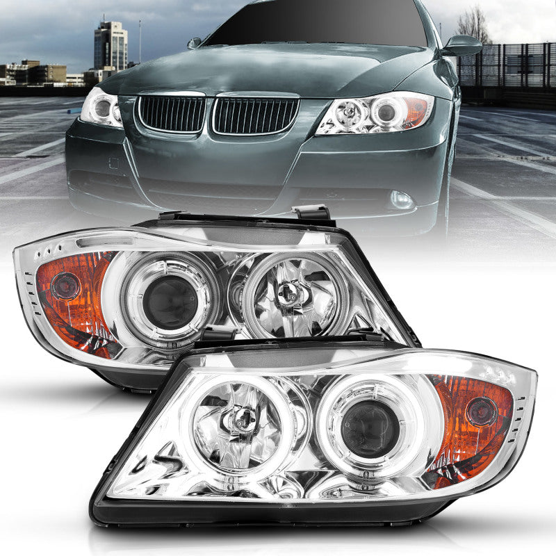 ANZO 2006-2008 BMW 3 Series E90-E91 Projector Headlights w/ Halo w/ LED Bar Chrome (CCFL) - Burkken Auto Parts
