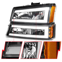 ANZO 2003-2006 Chevrolet Silverado 1500 Crystal Headlights w/ Light Bar Black Housing - Burkken Auto Parts