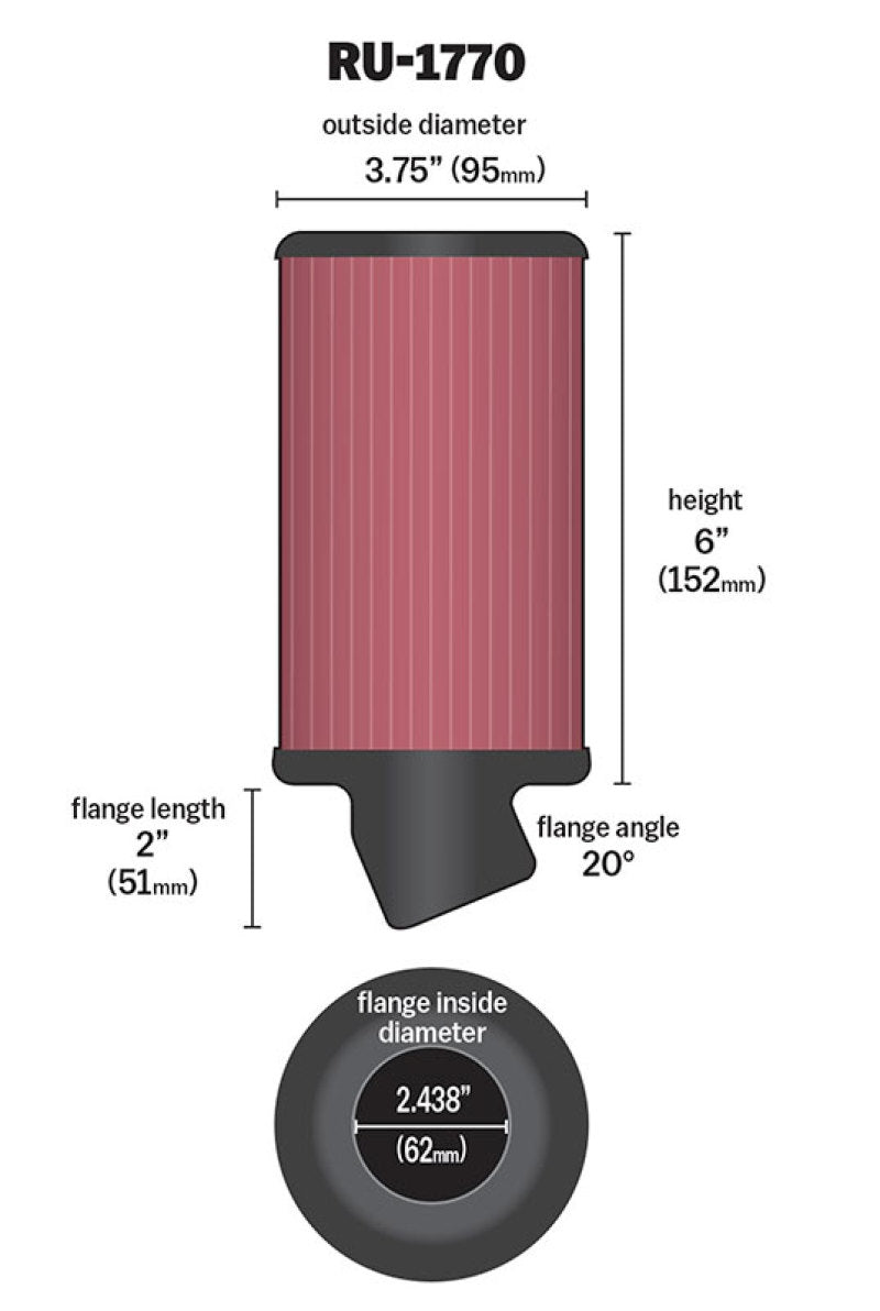 K&N Filter Universal Rubber Filter 2 7/16 inch 20 Degree Flange 3 3/4 inch OD 6 inch Height - Burkken Auto Parts