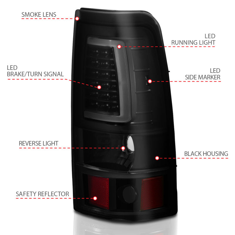 ANZO 1999-2002 Chevy Silverado 1500 LED Taillights Plank Style Black w/Smoke Lens - Burkken Auto Parts