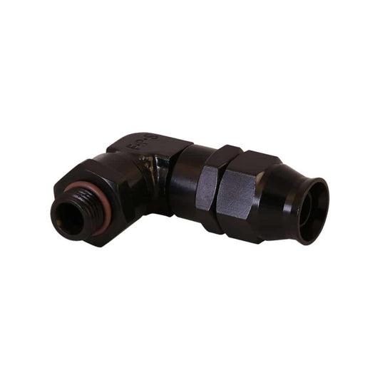 Aeromotive PTFE Hose End - AN-06 to AN-08 Hose - 90 Deg - Black Anodized - Burkken Auto Parts