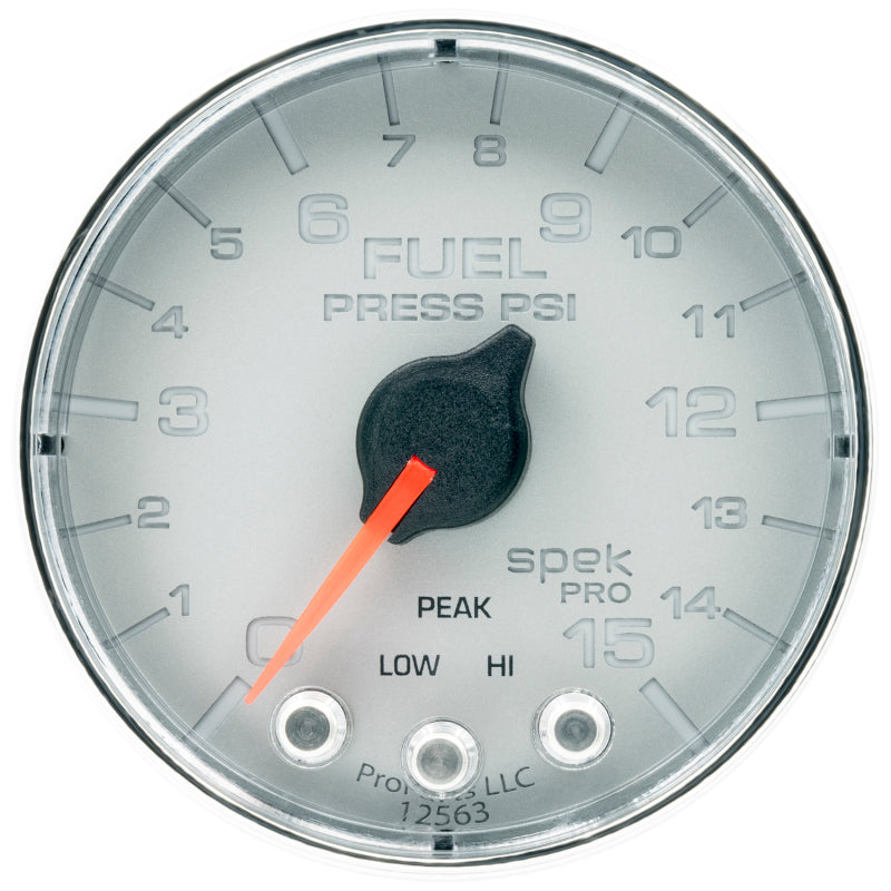 Autometer Spek-Pro Gauge Fuel Press 2 1/16in 15psi Stepper Motor W/Peak & Warn Slvr/Chrm - Burkken Auto Parts