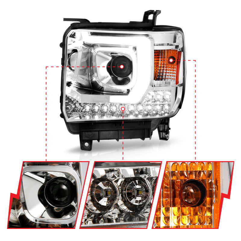 ANZO 14-15 GMC Sierra 1500/2500HD/3500HD Plank Style Projector Headlight - Chrome Housing - Burkken Auto Parts