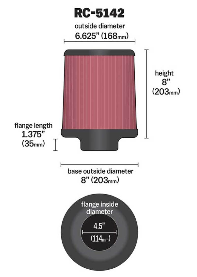K&N Universal Clamp-On Air Filter inch FLG 4.5inch Base 4 inch Top 4-1/2in FLG 8in Base - Burkken Auto Parts