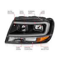 ANZO 99-04 Jeep Grand Cherokee Crystal Headlights - w/ Light Bar Black Housing - Burkken Auto Parts