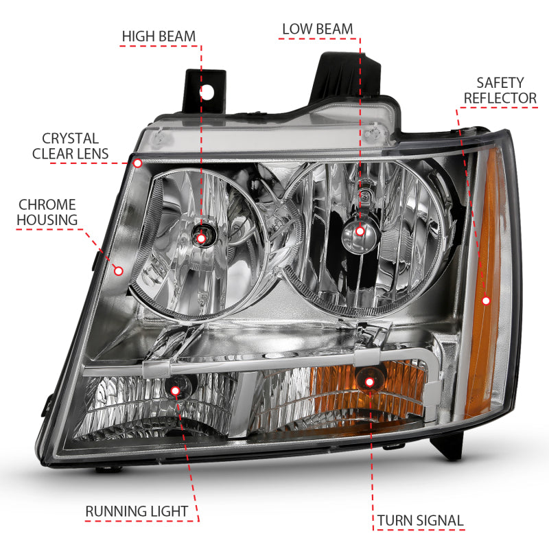 ANZO 2007-2014 Chevy Tahoe Crystal Headlight Chrome Amber(OE) - Burkken Auto Parts